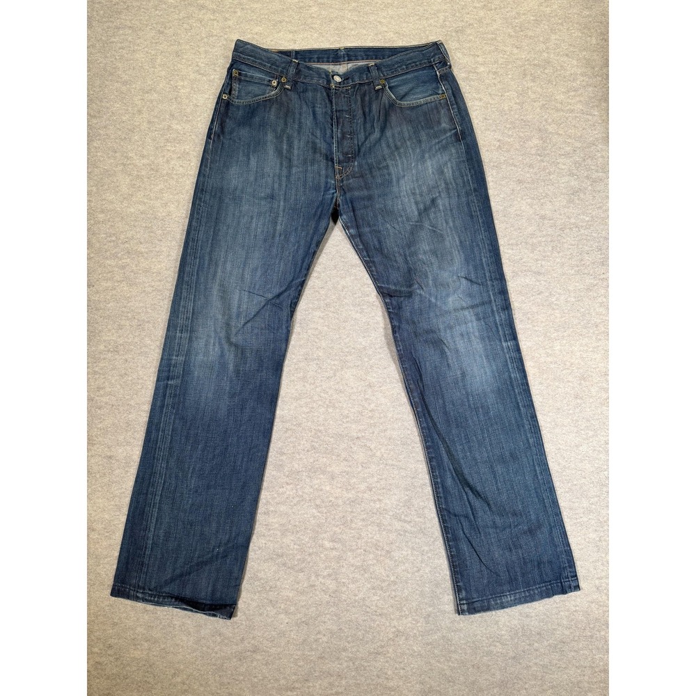 Levis 501 Jeans Mens 36x34 Med Wash‎ Blue Straight Button Fly Denim Distressed